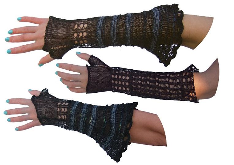 Machine knitted, lace gauntlets in wire and thread.